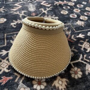 Elegant Pearl-Trimmed Tan Sun Visor